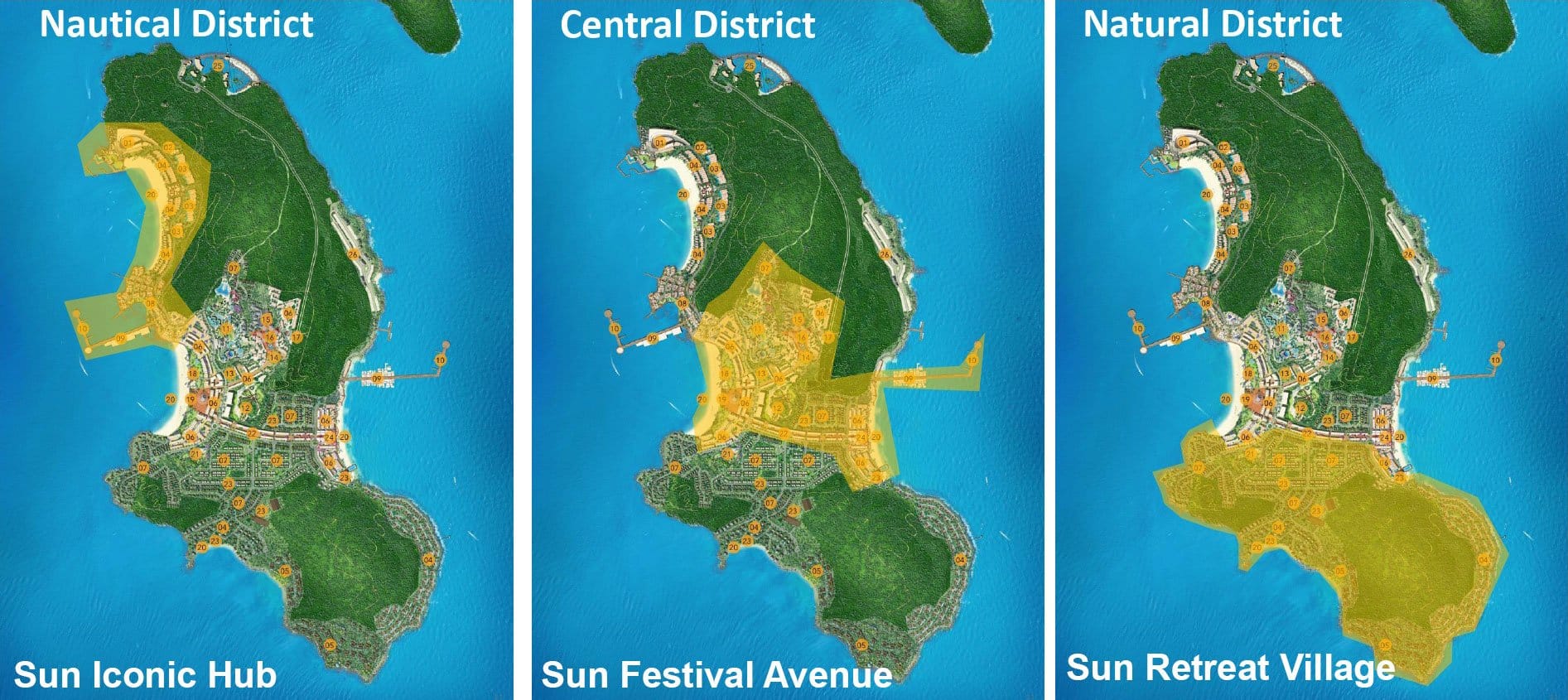 Hòn Thơm Paradise Island được chia làm 3 hợp phần chính Sun Iconic Hub, Sun Festival Avenue và Sun Retreat Village.