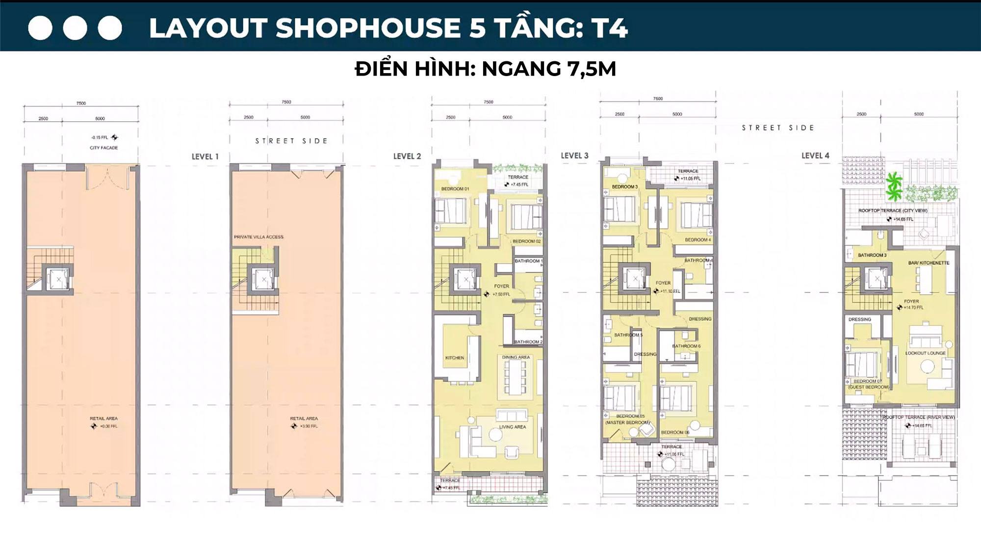 Layout thiết kế Shophouse 5 tầng T4 tại Sun Riva.