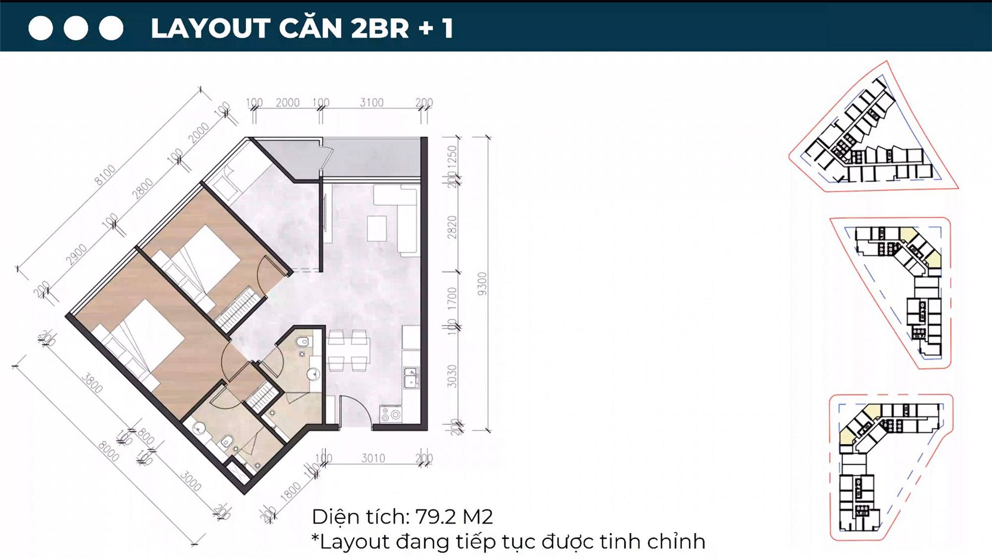Layout thiết kế căn hộ 2PN+1, diện tích 79,2m2.