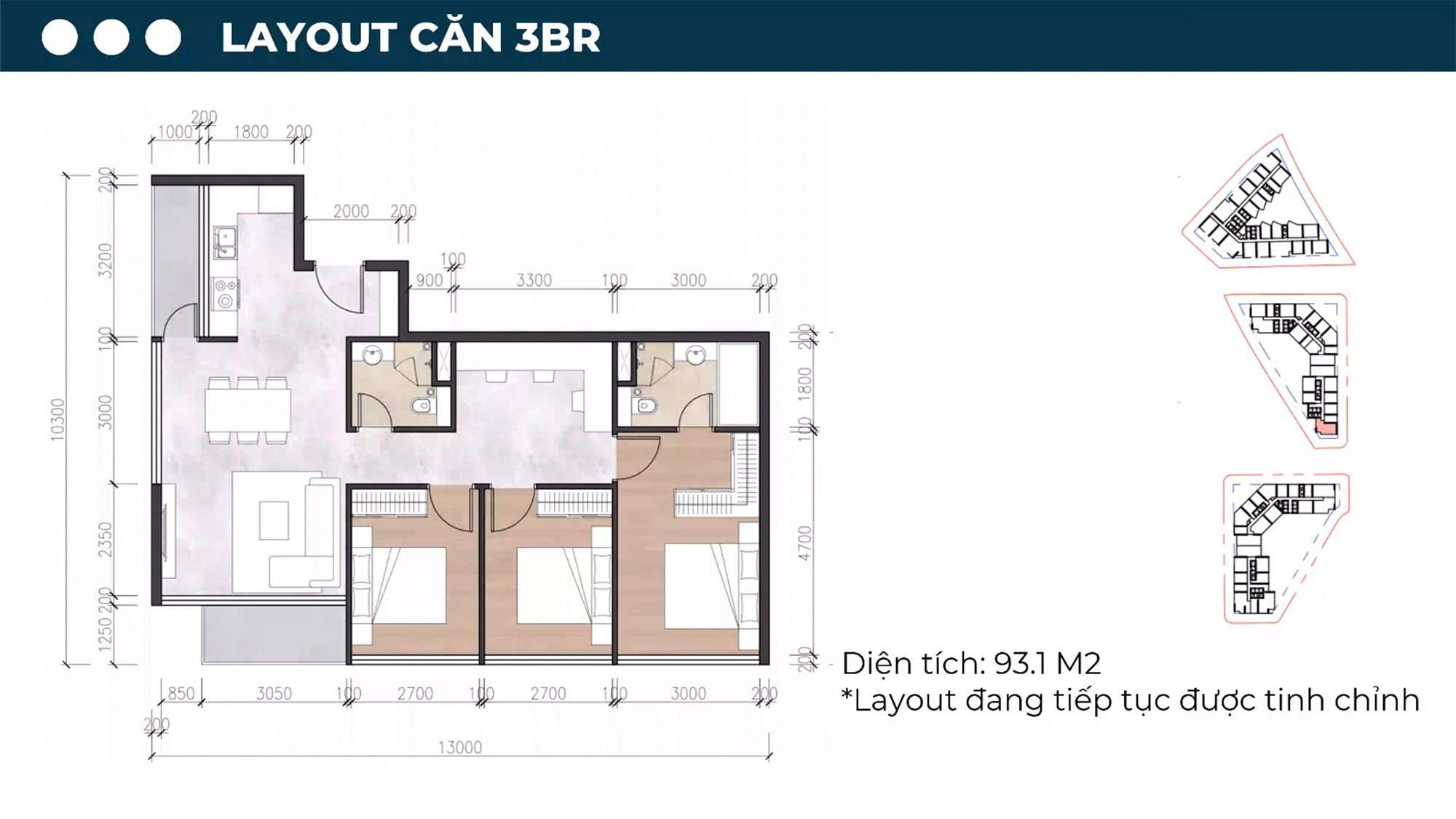 Layout thiết kế căn hộ 3PN, diện tích 93,1m2.