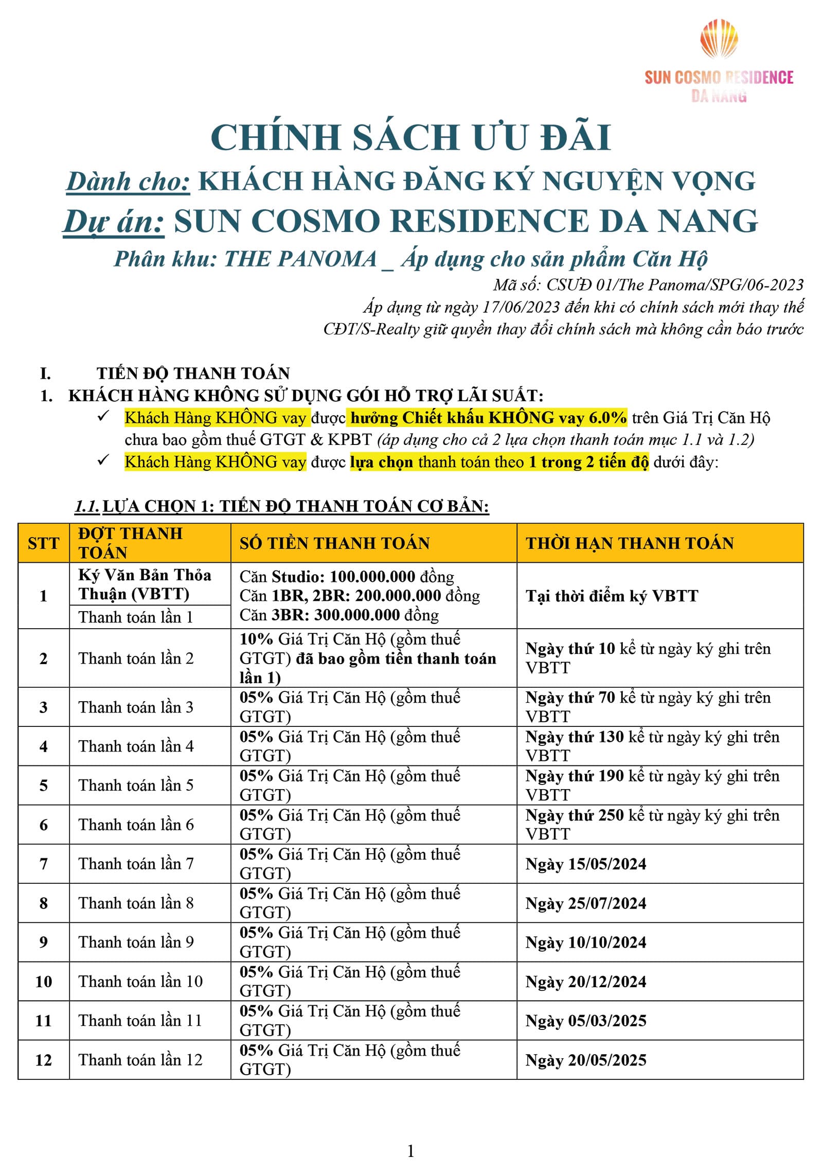 Chính sách ưu đãi căn hộ The Panoma - Sun Cosmo Residence tháng 06 năm 2023 - Trang 1.