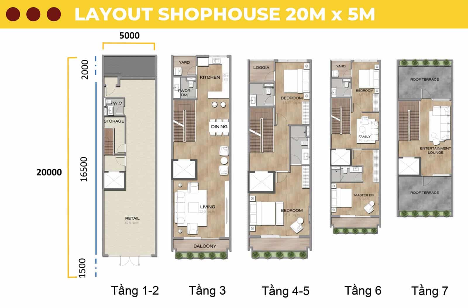 Layout Shophouse 20mx5m tại Sun Cosmo Residence.