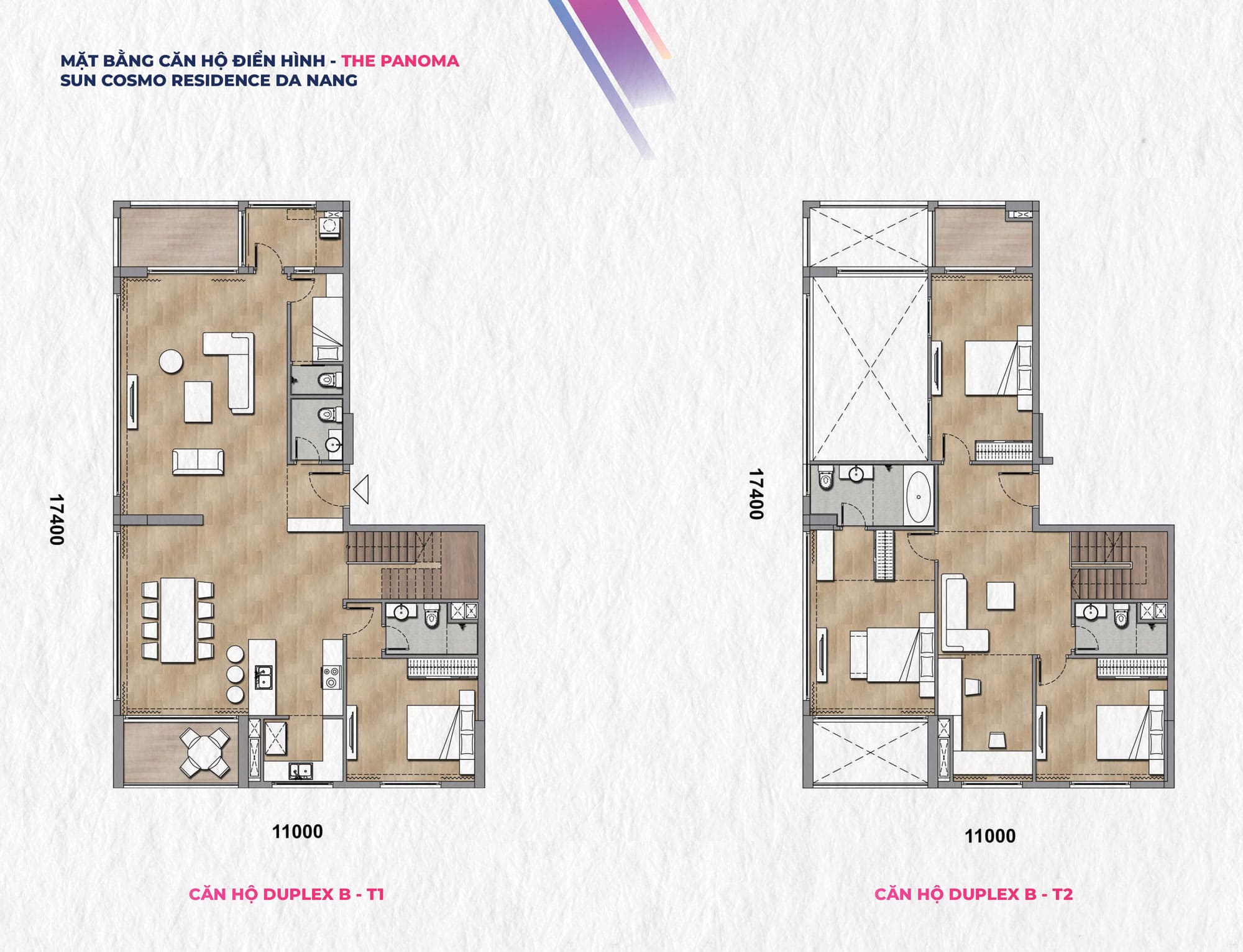 Layout căn hộ Duplex B-T1 và Duplex B-T2 Tháp P1 phân khu The Panoma Sun Cosmo Residence.