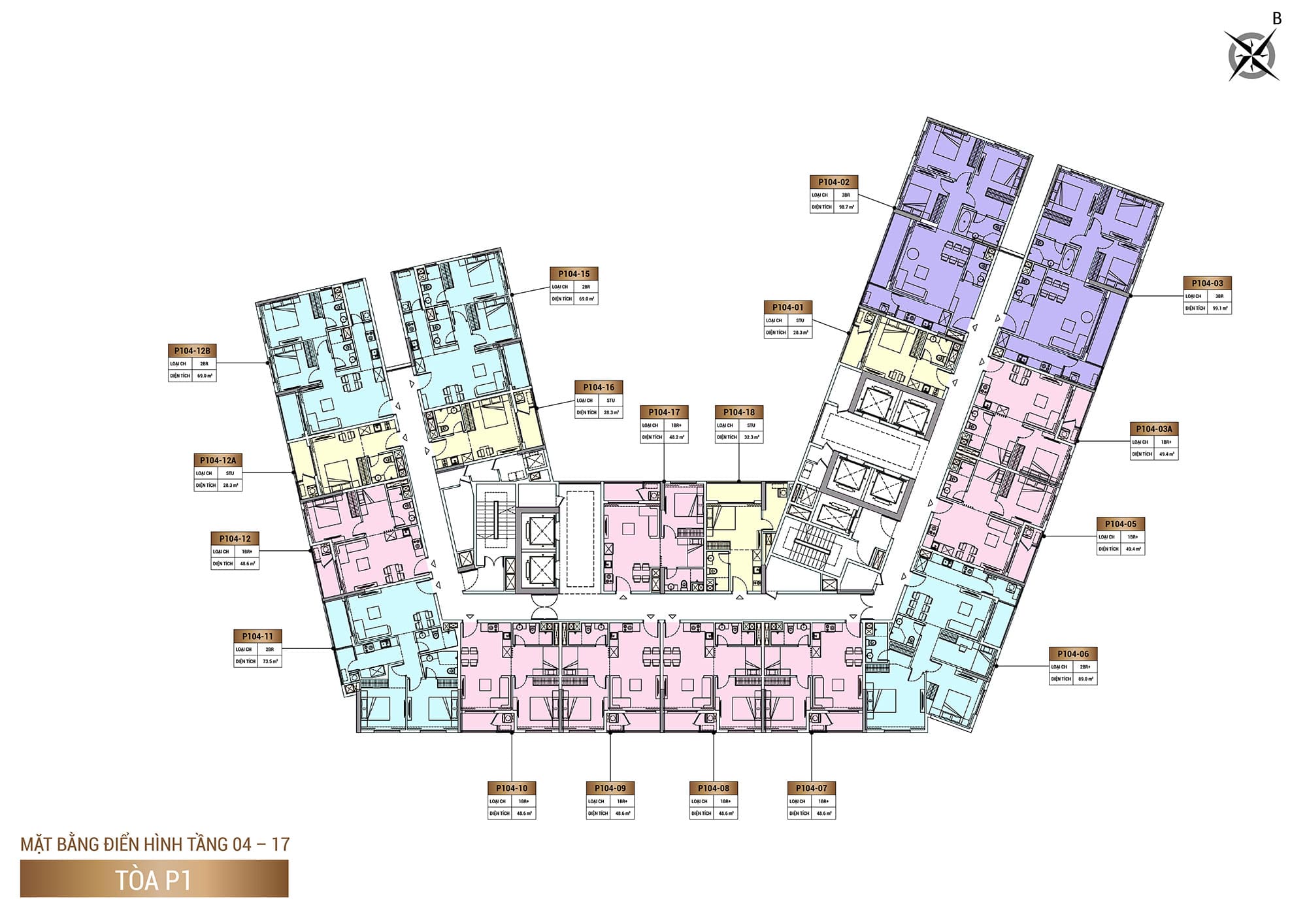 Mặt bằng Tầng 04 đến Tầng 17, Tòa P1, phân khu The Panoma dự án Sun Cosmo Residence.