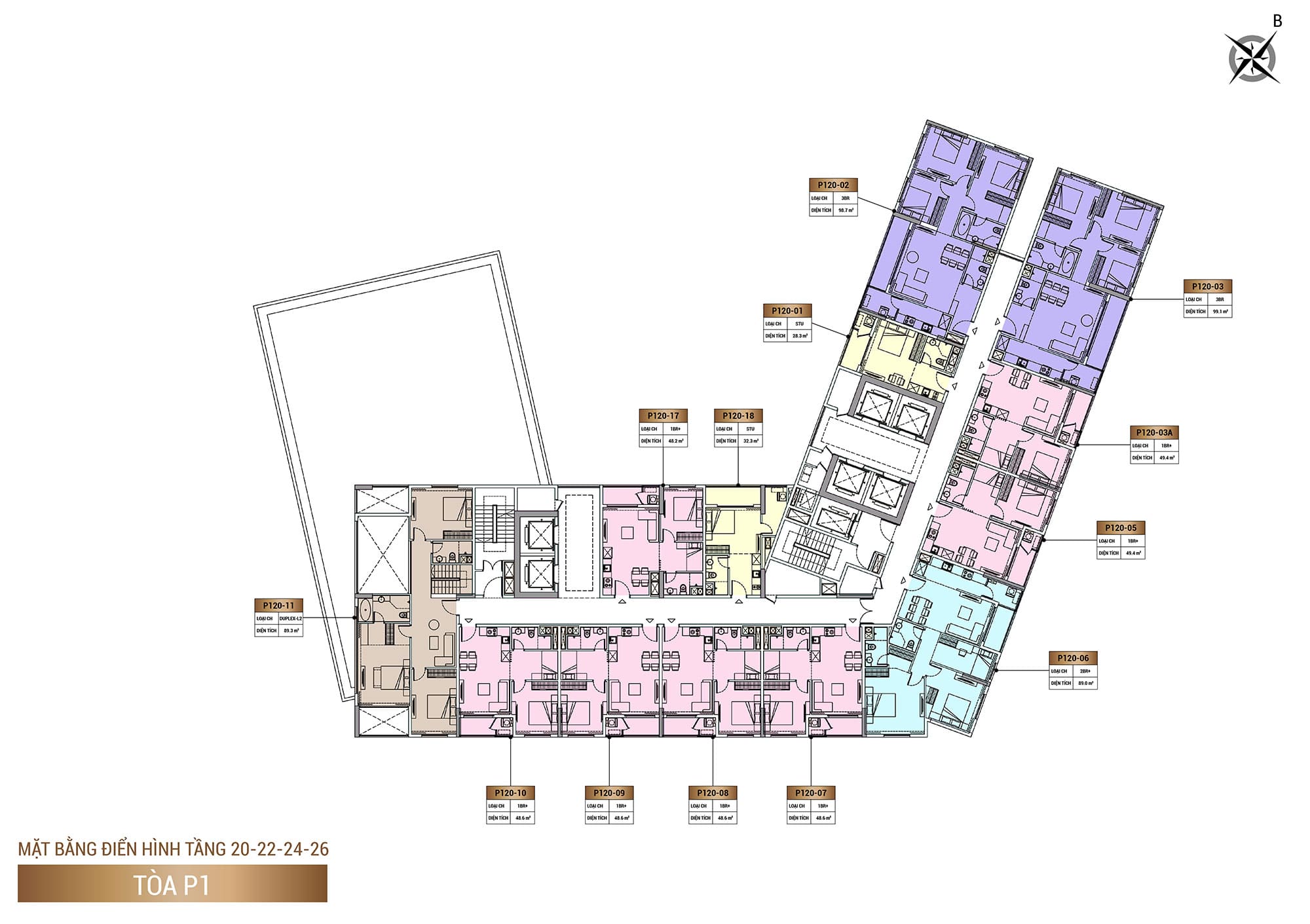 Mặt bằng Tầng 20, Tầng 22, Tầng 24, Tầng 26, Tòa P1, phân khu The Panoma dự án Sun Cosmo Residence.