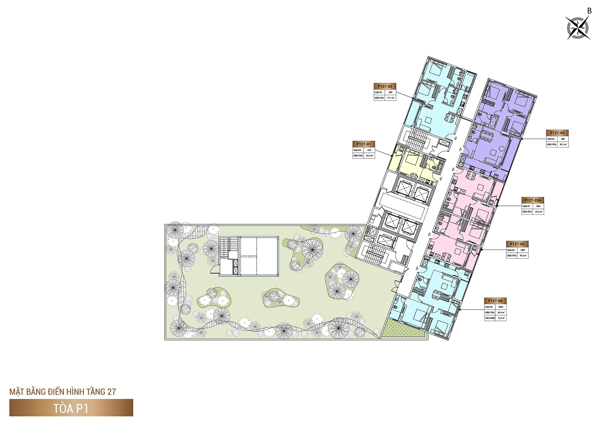 Mặt bằng Tầng 27, Tòa P1, phân khu The Panoma dự án Sun Cosmo Residence.