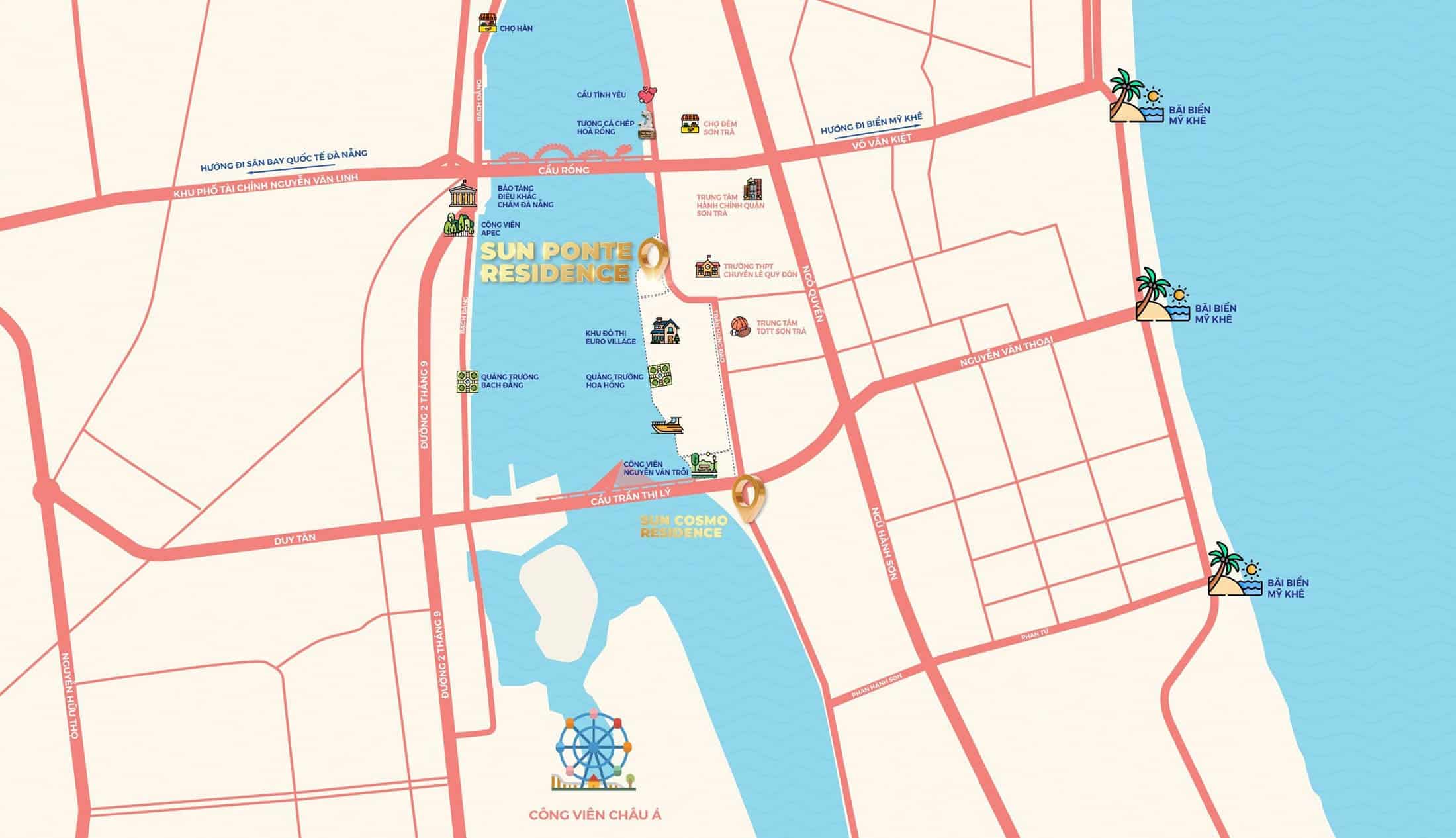 Vị trí Sun Ponte Residences Đà Nẵng tọa lạc tại Đường Trần Hưng Đạo, An Hải Tây, Ngũ Hành Sơn, Đà Nẵng.