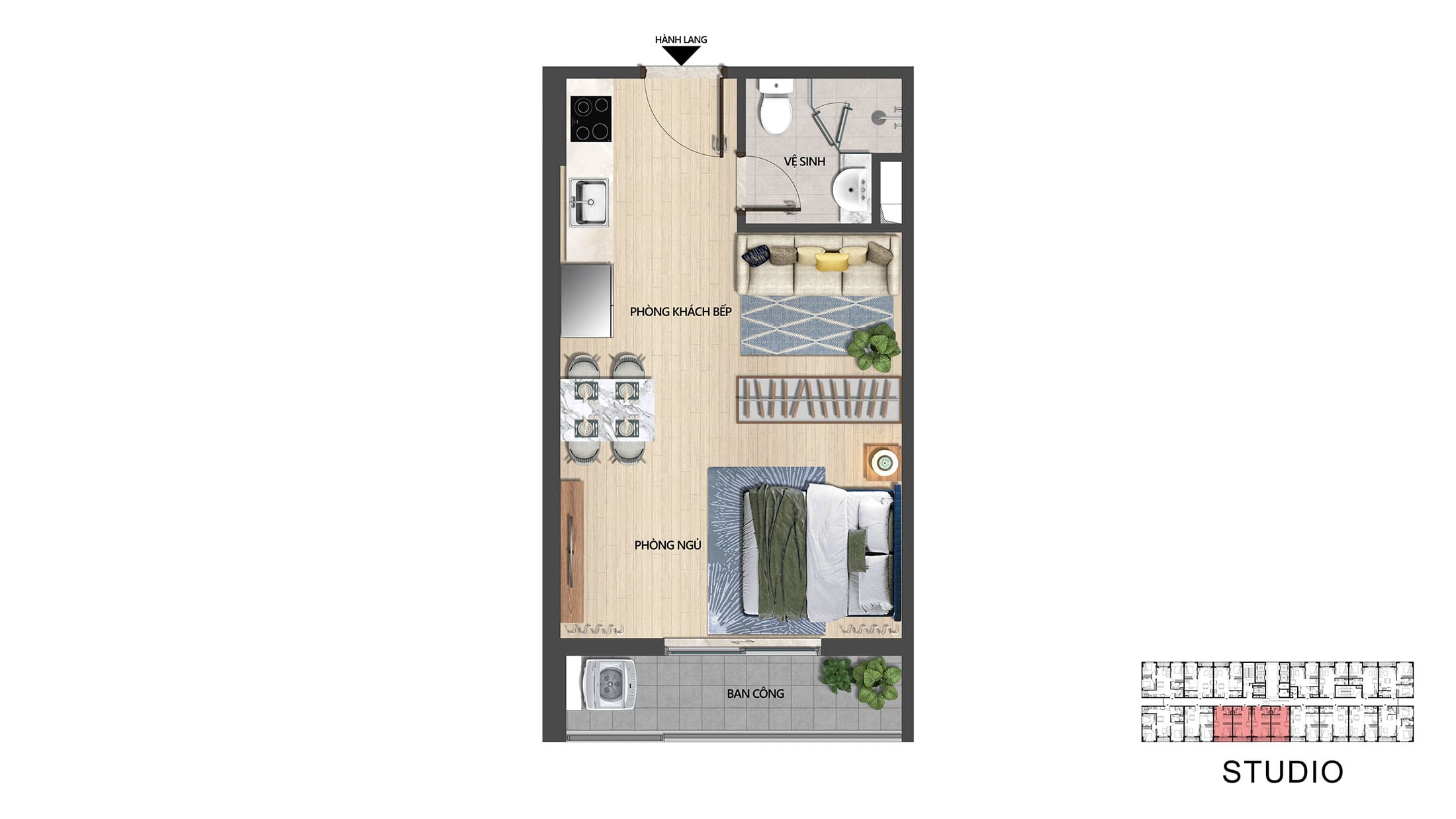 Layout thiết kế điển hình Căn hộ Studio tại dự án The Pathway.