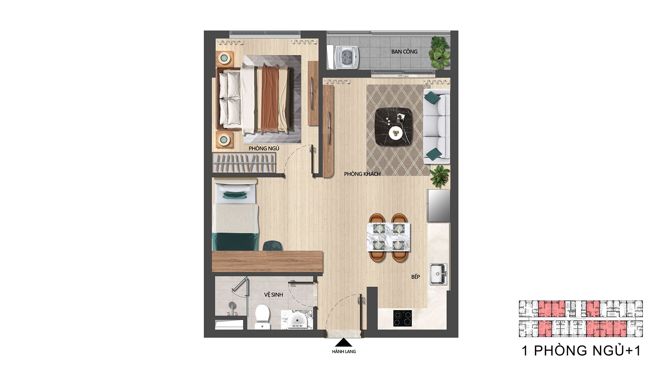 Layout thiết kế điển hình căn hộ 1 Phòng Ngủ +1 tại dự án The Pathway.