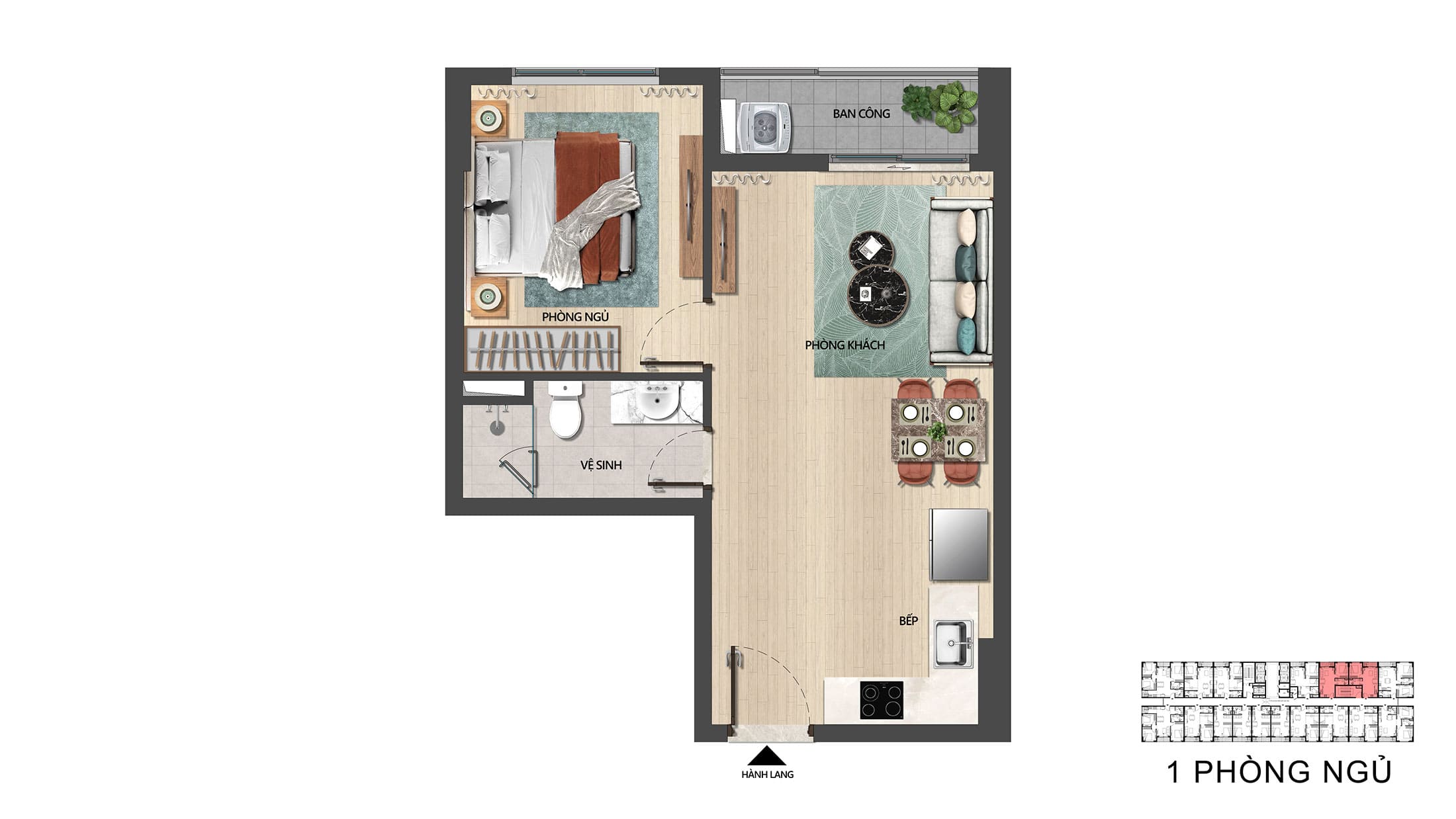 Layout thiết kế điển hình căn hộ 1 Phòng Ngủ tại dự án The Pathway.