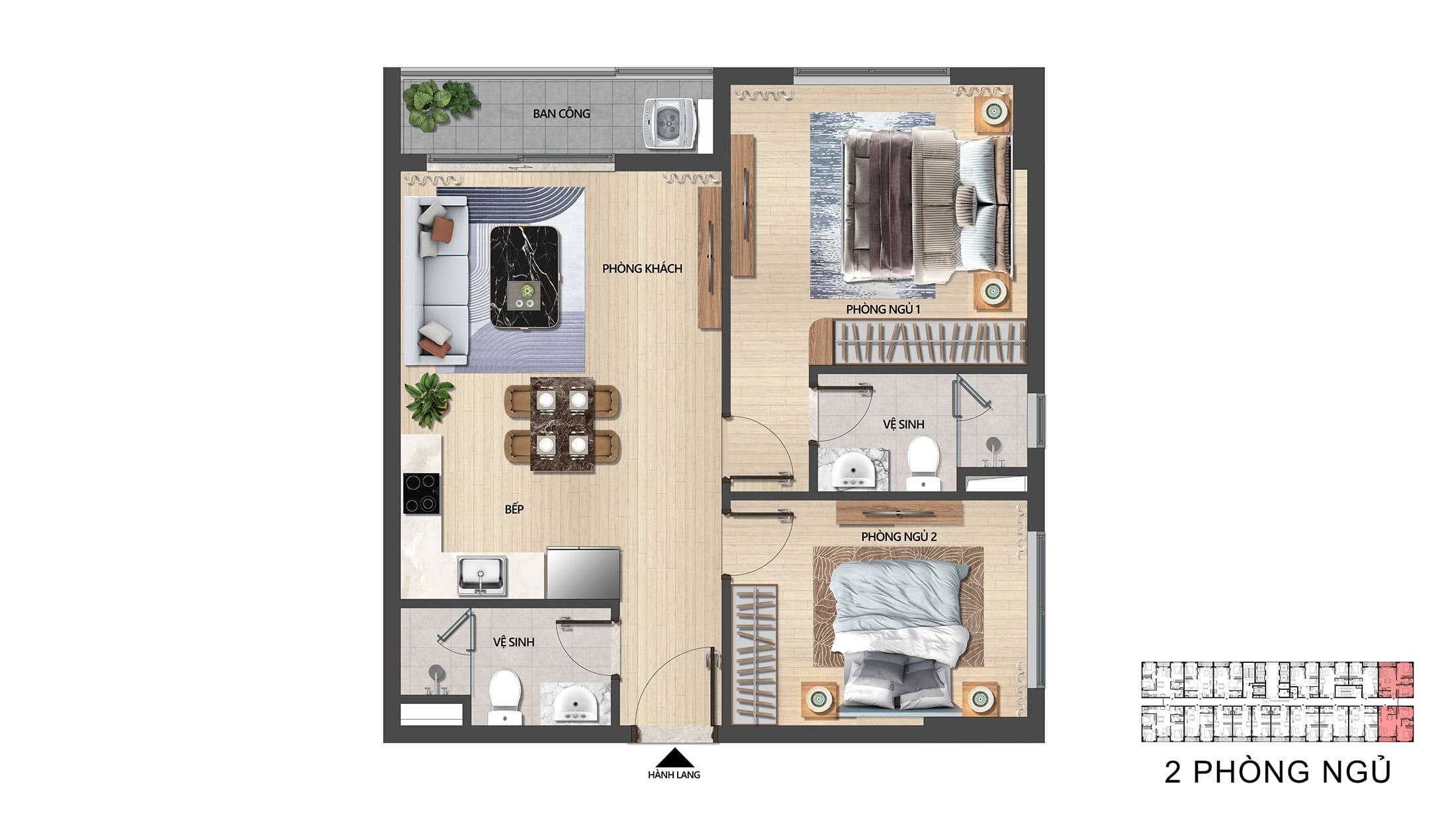 Layout thiết kế điển hình căn hộ 2 Phòng Ngủ tại dự án The Pathway.