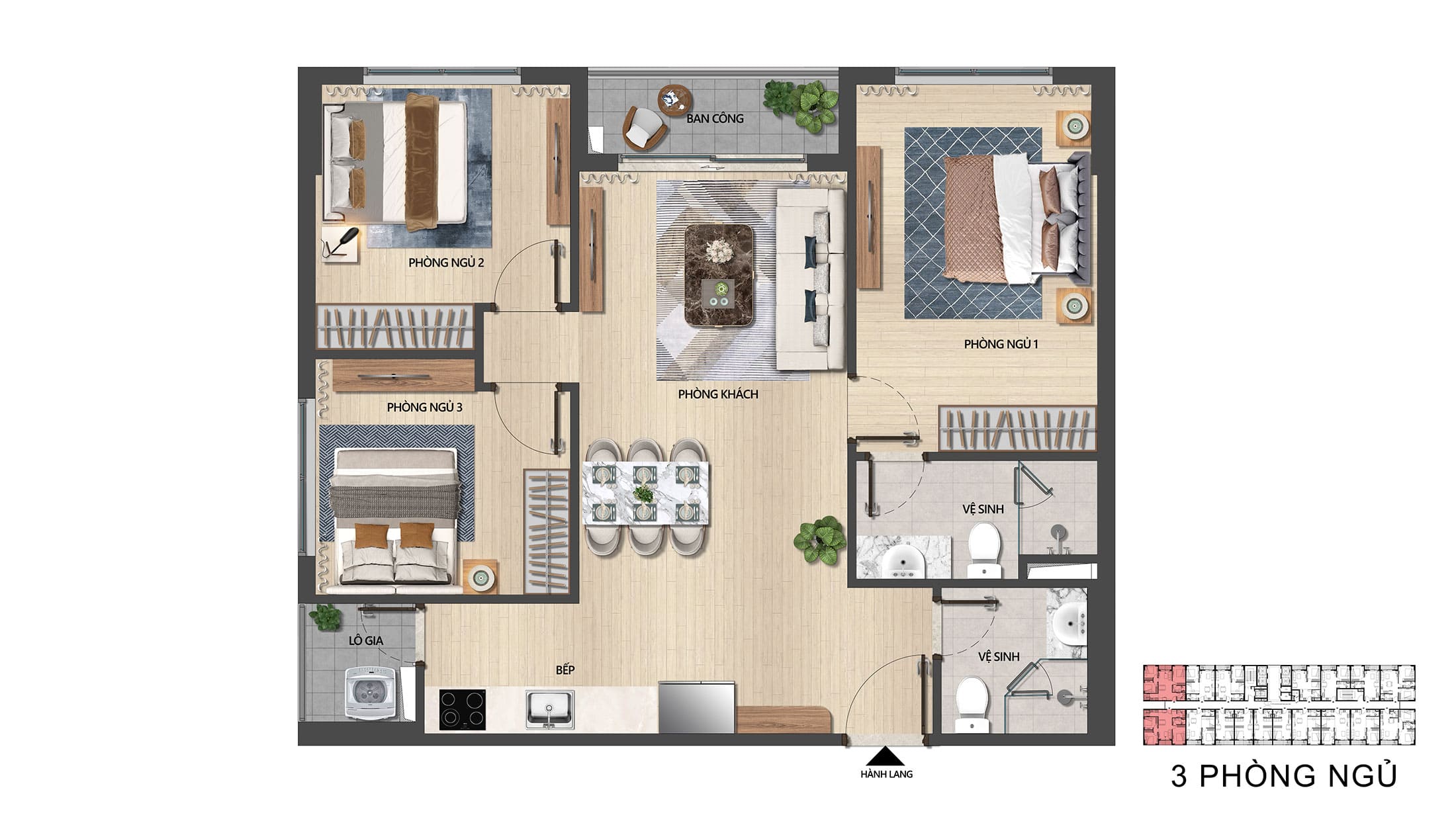 Layout thiết kế điển hình căn hộ 3 Phòng Ngủ tại dự án The Pathway.
