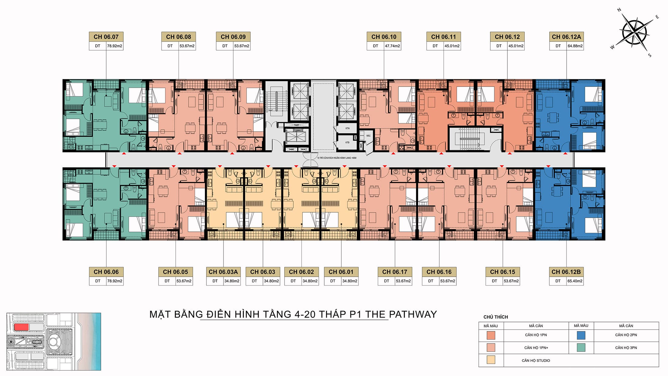 Mặt bằng điển hình Tầng 4 đến Tầng 20, Tòa Tháp P1 dự án The PathWay Sầm Sơn.