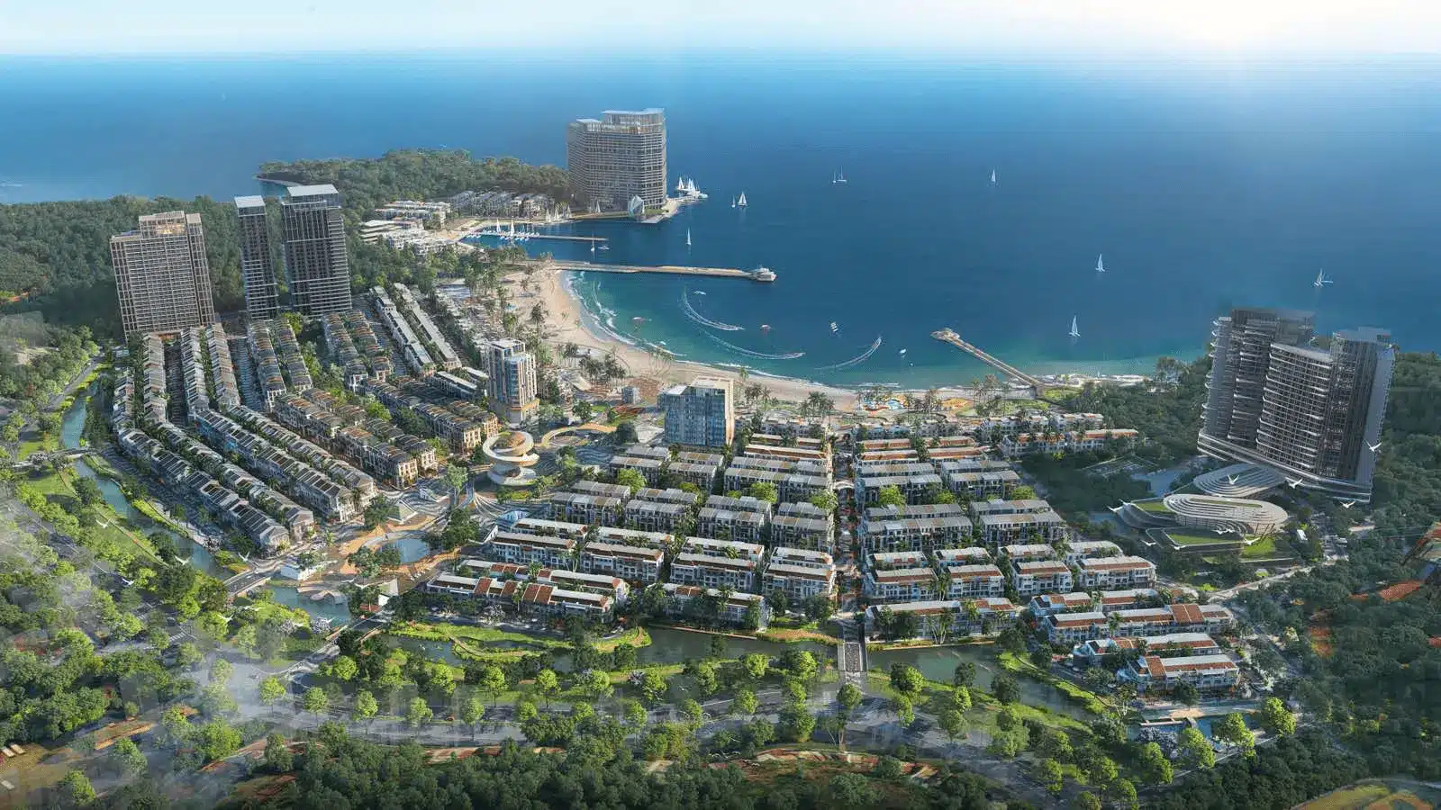Toàn cảnh dự án Xanh Island Cát Bà với không gian xanh, kiến trúc độc đáo và bãi tắm nhân tạo tiêu chuẩn quốc tế.