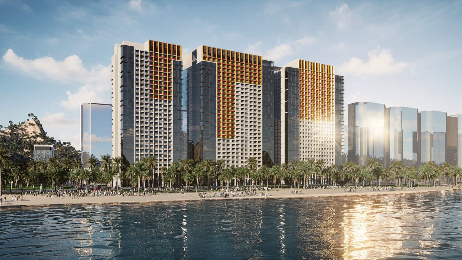 Dãy căn hộ chung cư Sun Elite City sừng sững bên bờ biển Bãi Cháy, tạo nên đại lộ ánh sáng đắt giá của Hạ Long
