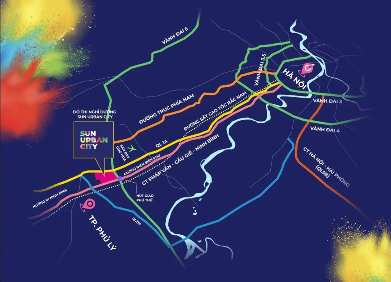 Bản đồ giao thông kết nối Sun Urban City với các tuyến đường huyết mạch phía Nam Hà Nội.