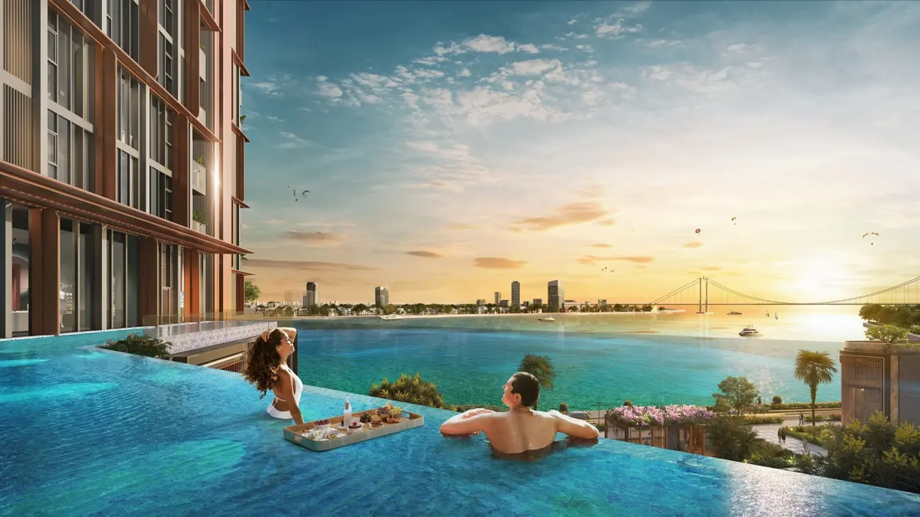 Bể bơi vô cực tại Sun Symphony Residence với tầm nhìn toàn cảnh sông Hàn và Đà Nẵng. Ảnh phối cảnh minh họa: Sun Property.