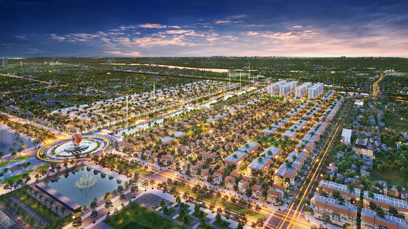 Biểu tượng Trống Đọi Tam khổng lồ và phân khu Kim Ngân 2 tỏa sáng về đêm tại Sun Urban City.