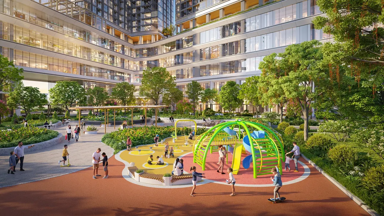 Cư dân tận hưởng không gian xanh và khu vui chơi hiện đại tại khu vườn Hạnh Phúc (Ảnh: Sun Property).