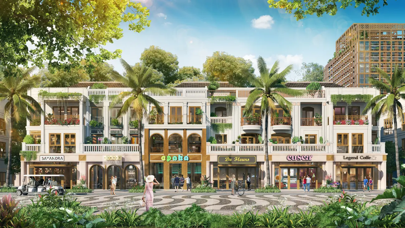 Dãy nhà phố Tài Phường với sắc vàng chủ đạo, biểu tượng tài lộc và thịnh vượng, mang phong cách Art Deco.