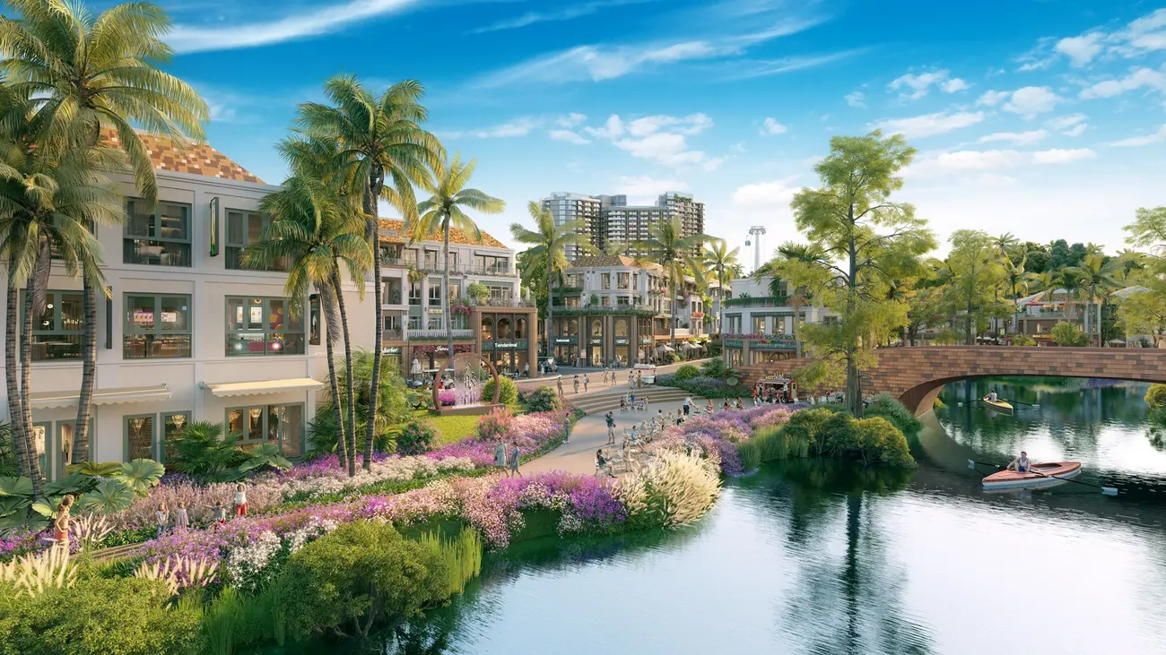 Dãy nhà phố Xanh Boutique tại dự án Sun Group Cát Bà nằm dọc dòng sông Huyền Vũ xanh mát. (Ảnh: Sun Property)