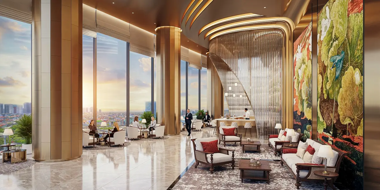 Khu vực sảnh chờ VIP được thiết kế với sự hòa quyện giữa nét truyền thống và hơi thở hiện đại (Ảnh: Sun Property).