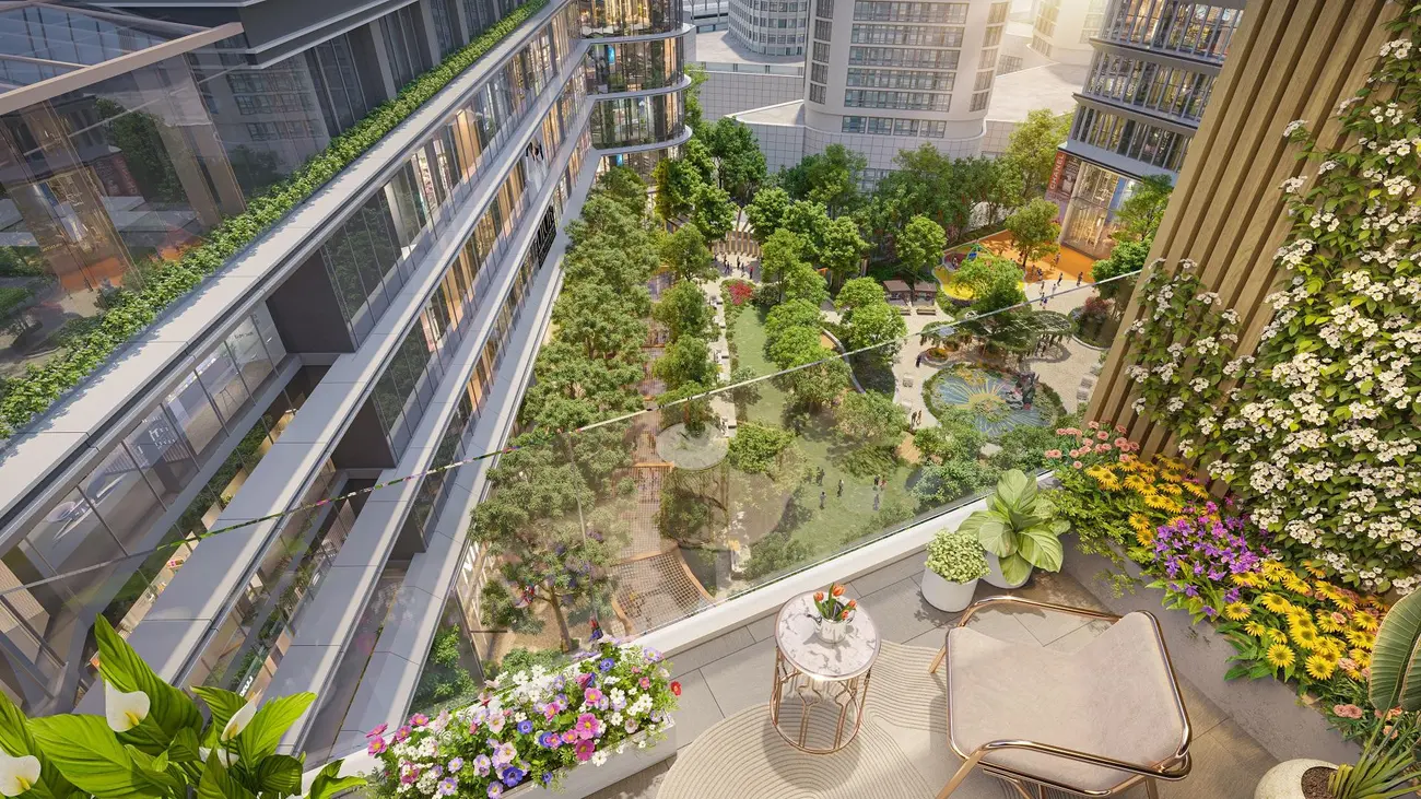 Khu vườn xanh tươi tại Sun Feliza Suites mang lại không gian sống đẳng cấp và yên bình giữa lòng Hà Nội.