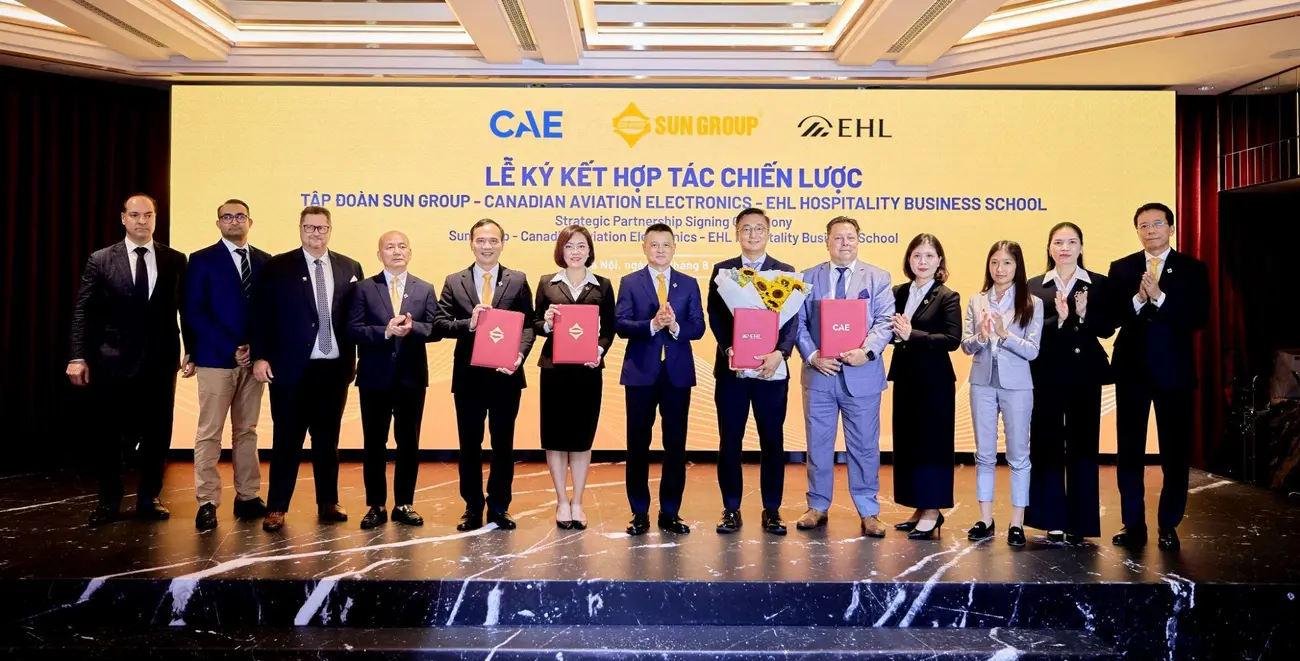 Lễ ký kết hợp tác chiến lược giữa Sun Group, CAE và EHL để phát triển nguồn nhân lực chất lượng cao.