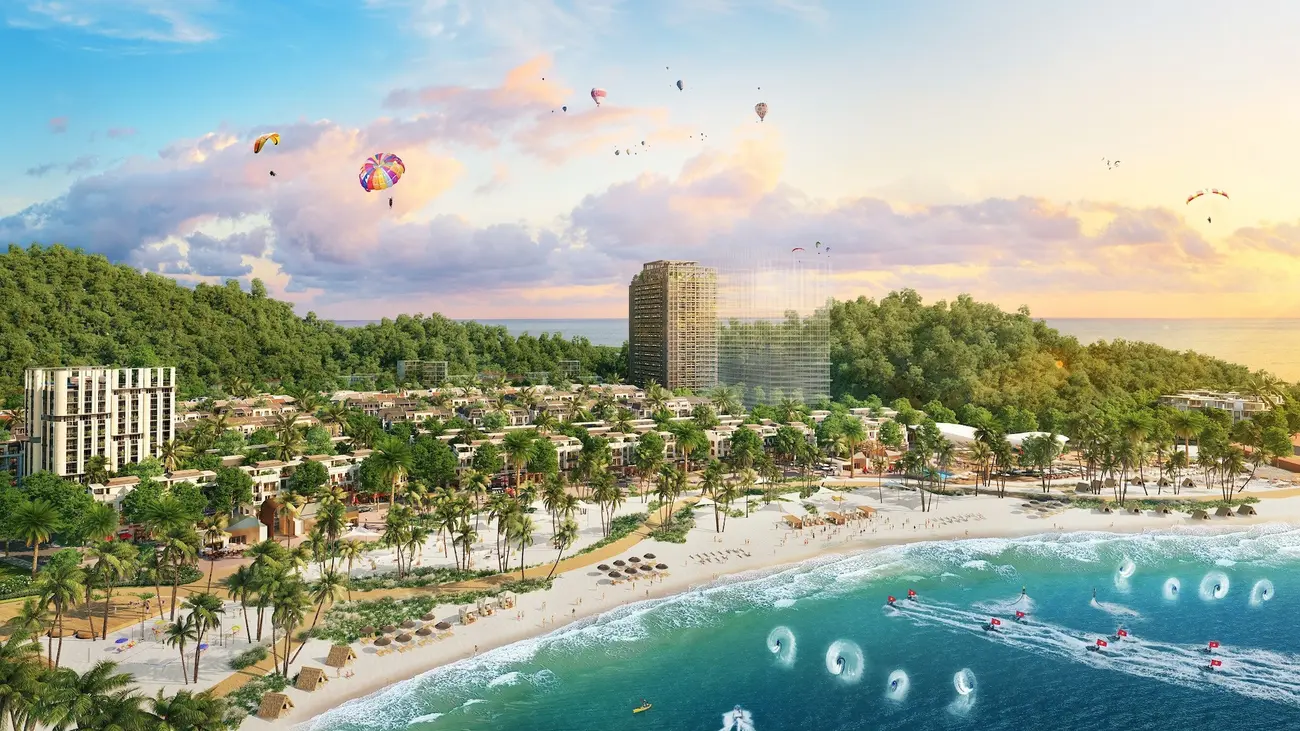 Phối cảnh dự án Thành phố Vịnh trung tâm Xanh Island với bãi tắm cát trắng trải dài và nhiều tiện ích du lịch mới lạ.