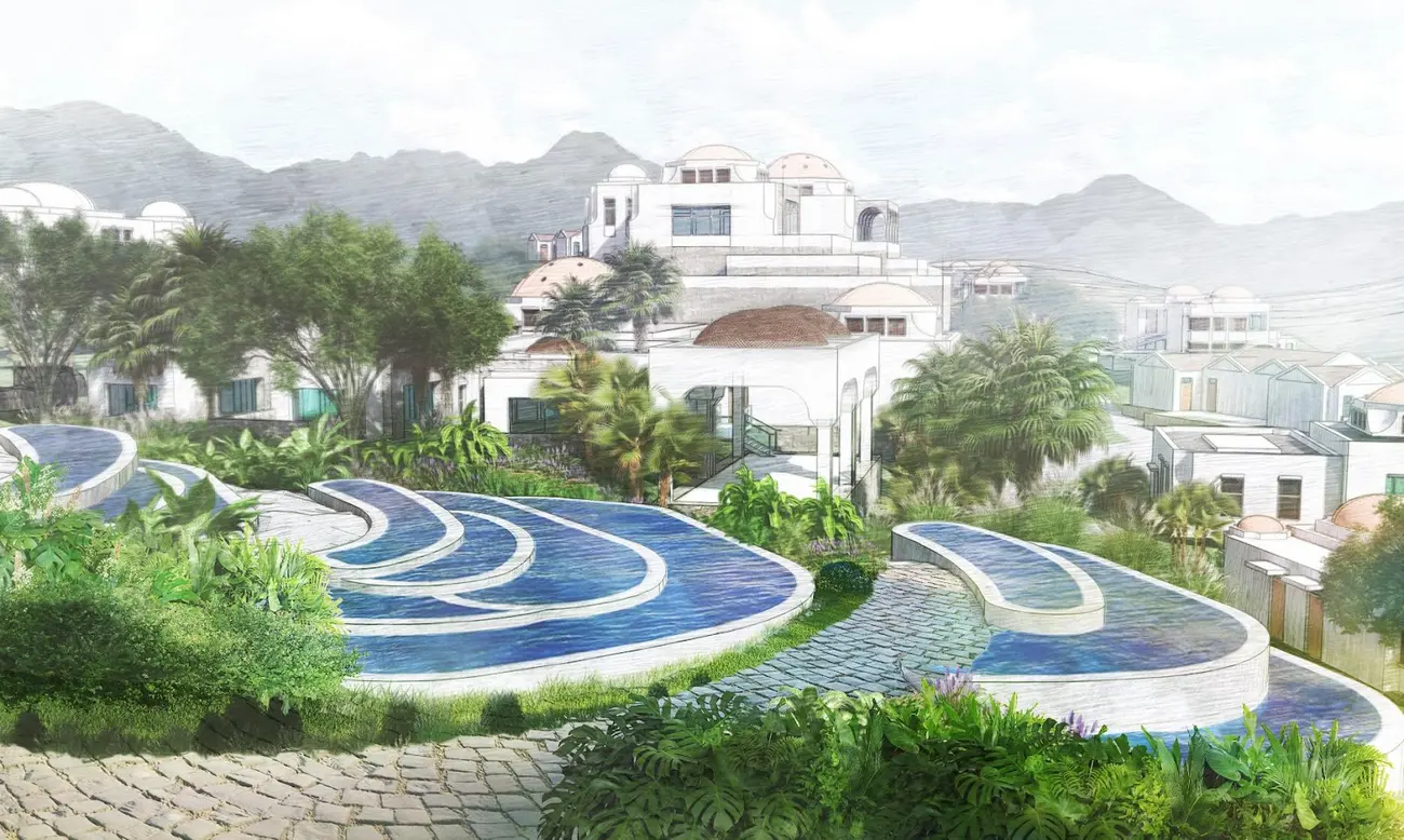 Phối cảnh khu nghỉ dưỡng khoáng nóng Kim Bôi với thiết kế hiện đại và hài hòa cùng thiên nhiên.
