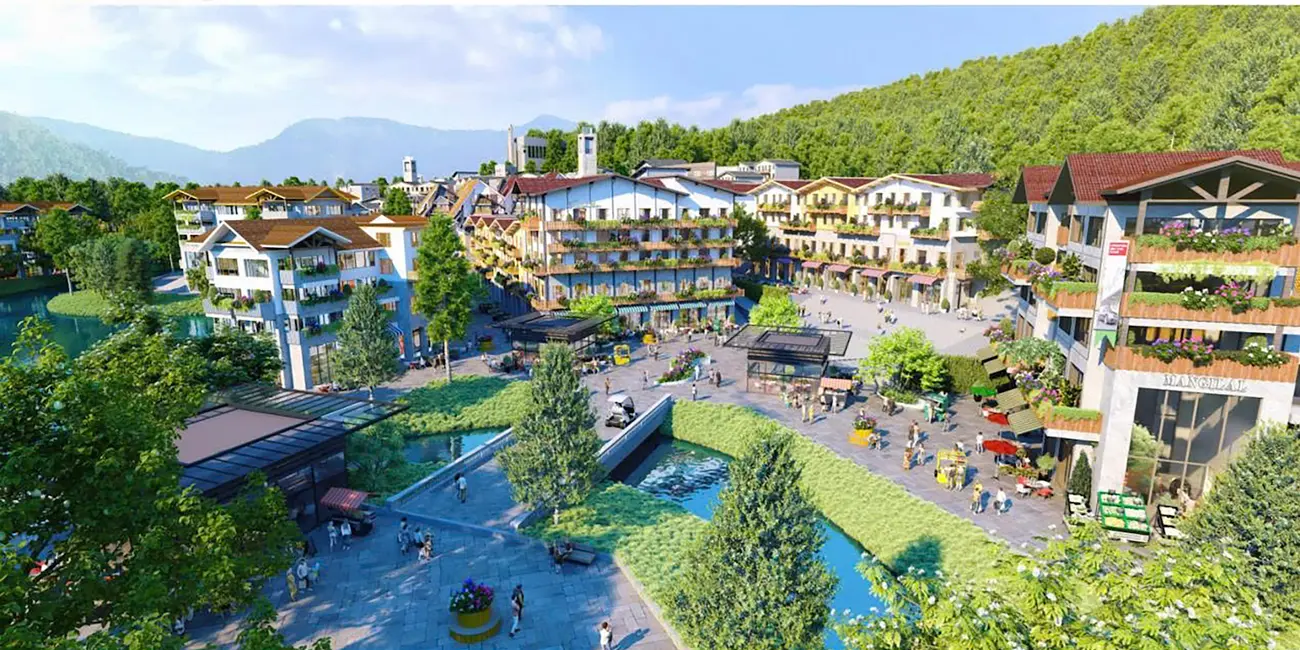 Phối cảnh Quần thể khu đô thị sinh thái và vui chơi giải trí cao cấp tại Kim Bôi do Sun Group đầu tư.