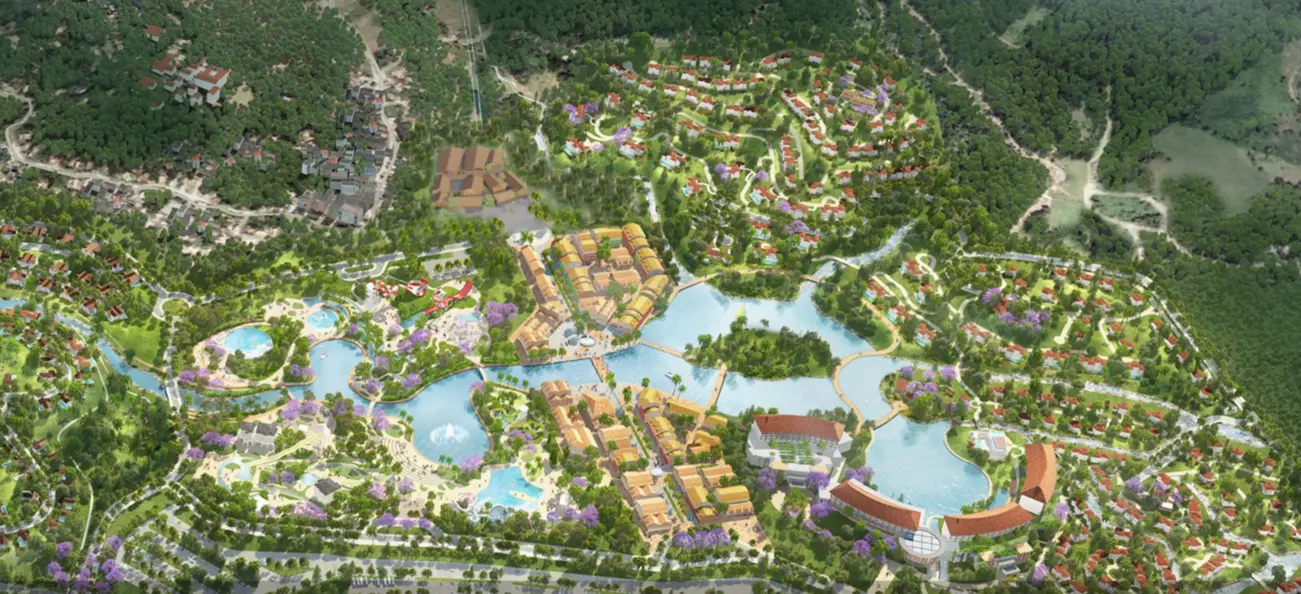Phối cảnh Tổ hợp nghỉ dưỡng khoáng nóng tại Hòa Bình với quy mô 584,73 ha do Sun Group đầu tư.