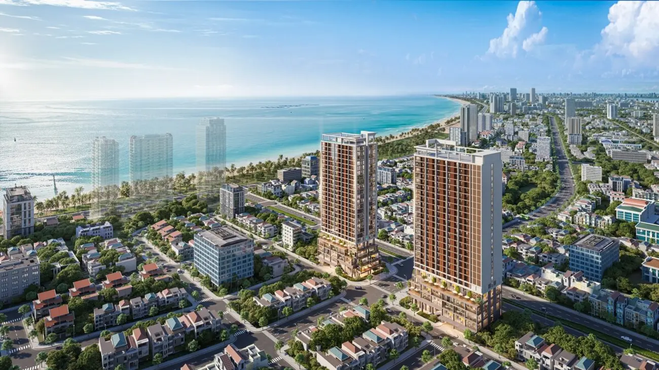 Phối cảnh tổ hợp Sun Costa Residence bên bờ biển Mỹ Khê, trung tâm du lịch Đà Nẵng. Ảnh Sun Property.