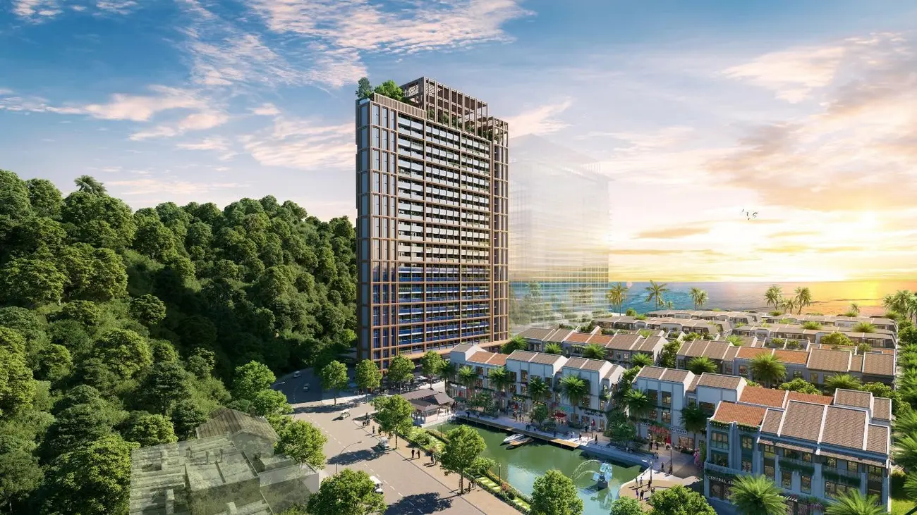 Phối cảnh tòa căn hộ The Xanh 2 tại trung tâm dự án Sun Group Cát Bà với thiết kế hiện đại, hài hòa với thiên nhiên.
