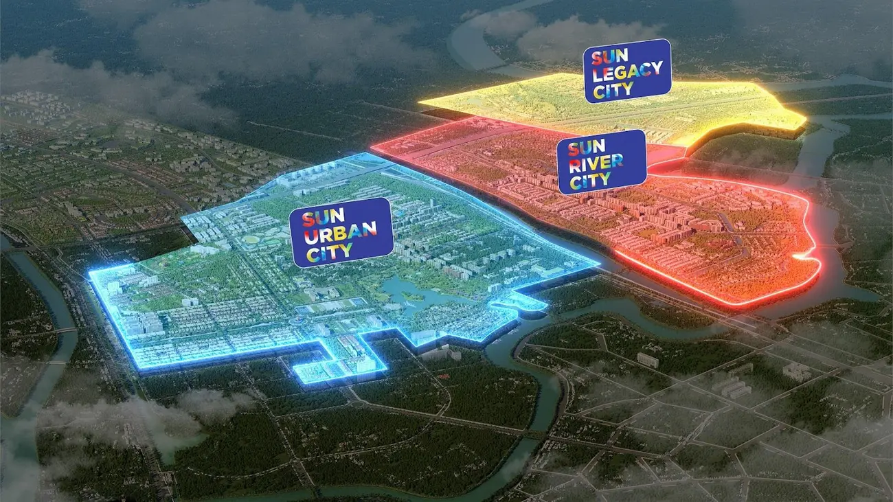 Phối cảnh tổng quan Sun Mega City với ba phân khu: Sun Urban City, Sun River City và Sun Legacy City.