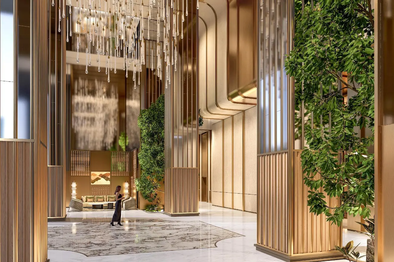 Sảnh căn hộ Sun Feliza Suites với thiết kế sang trọng, lấy cảm hứng từ các làng nghề di sản cạnh sông Hồng.