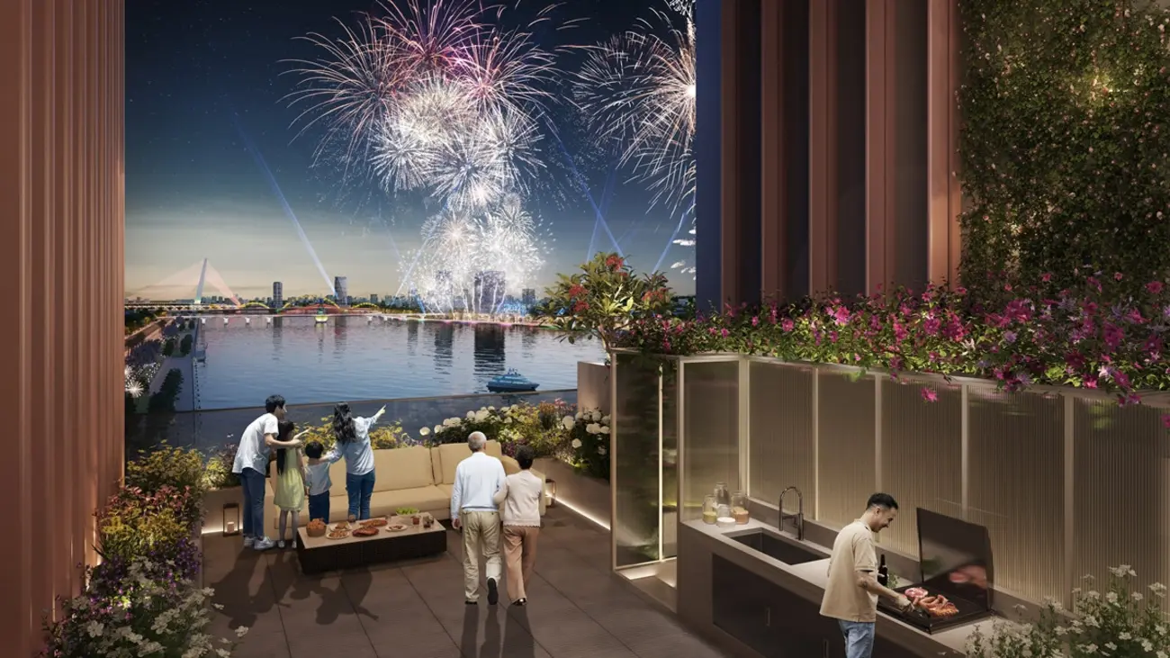 Tận hưởng đại tiệc pháo hoa từ sân thượng căn hộ Dual Front tại Sun Symphony Residence. Ảnh phối cảnh minh họa: Sun Property