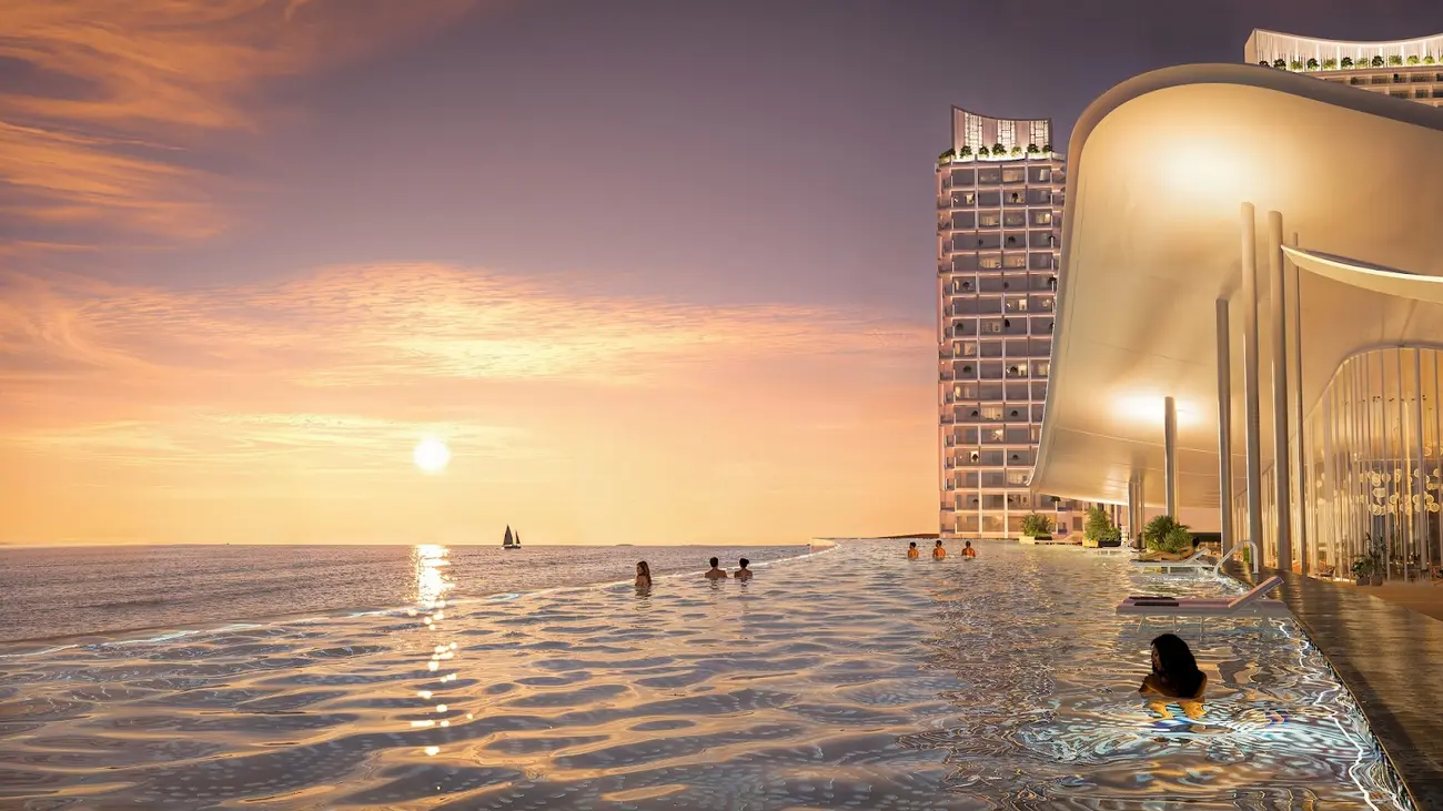 Tận hưởng hoàng hôn tuyệt đẹp bên bể bơi hướng biển tại phân khu Blanca, Blanca City, Vũng Tàu.