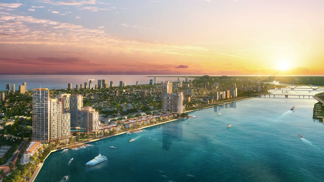 View tổng thể của tổ hợp Sun Symphony Residence bên dòng sông Hàn thơ mộng. Ảnh phối cảnh minh họa Sun Property