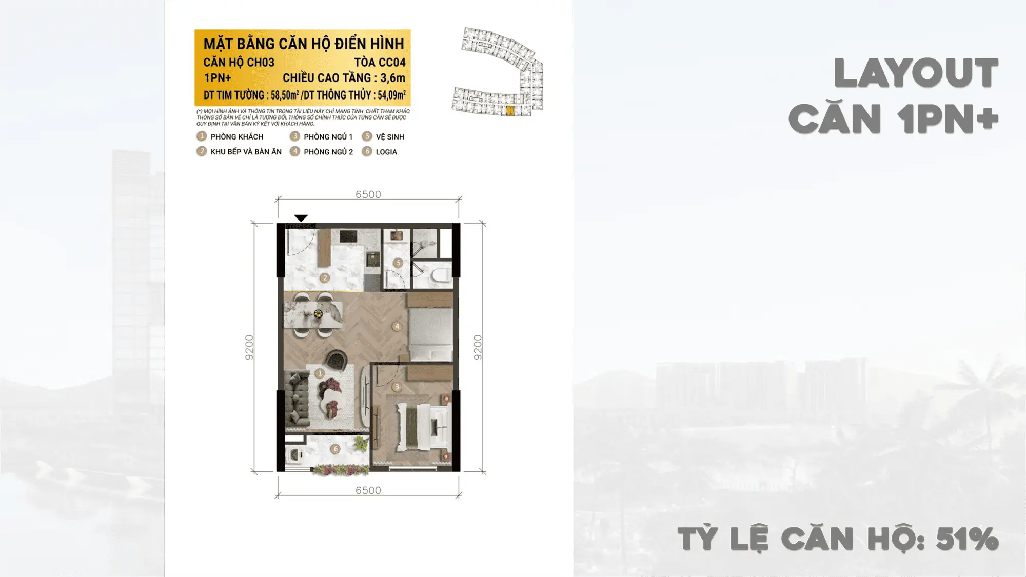 Mặt bằng căn hộ điển hình 1PN+ CH03, tòa CC04 dự án Charmora City Nha Trang rộng 54.09m² với tỷ lệ căn hộ 51%
