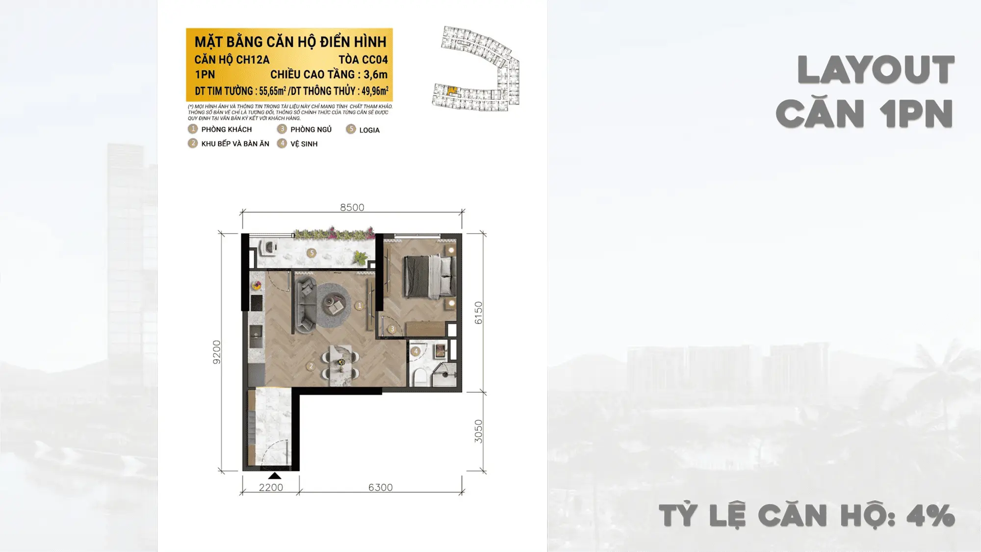 Mặt bằng căn hộ điển hình 1PN CH12A, tòa CC04 dự án Charmora City Nha Trang với thiết kế thông minh 49.96m², tỷ lệ căn hộ 4%