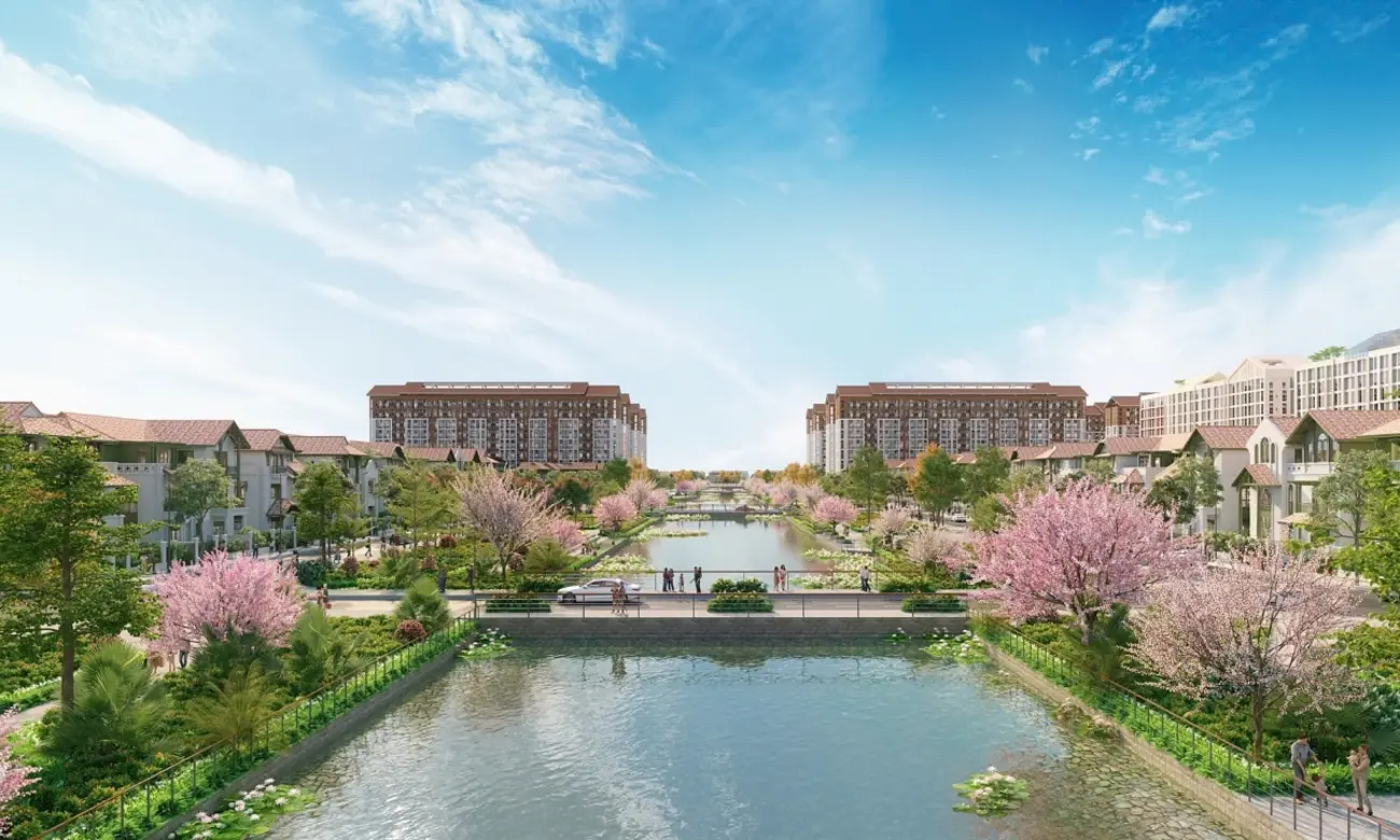 Phối cảnh đại lộ hoa tại Flora Avenue với không gian xanh và dòng kênh rộng 27 m.