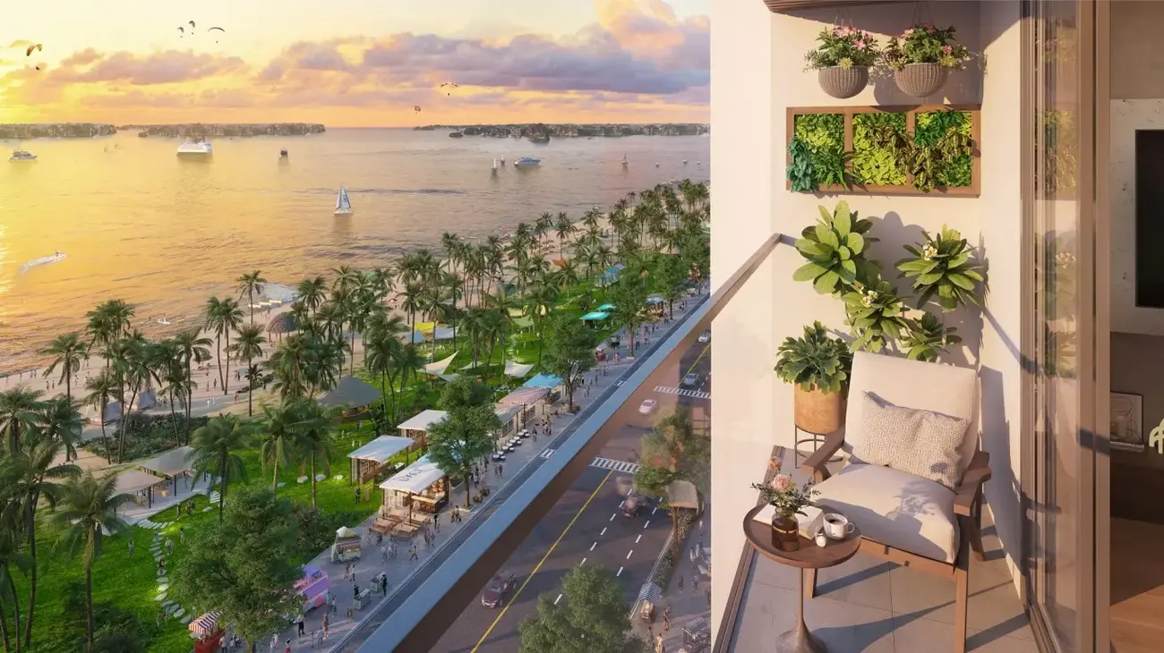 Ban công Sun Centro Town với tầm nhìn ra vịnh Hạ Long tuyệt đẹp, kết nối trực tiếp với biển Kỳ Quan.