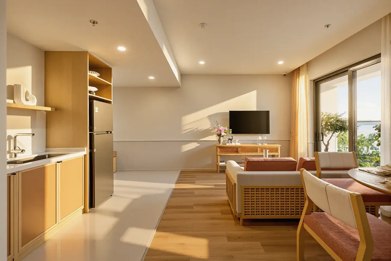 Căn hộ mẫu một phòng ngủ tại Sun Centro Town, thiết kế tinh tế, không gian thoáng đãng. Ảnh: Sun Property