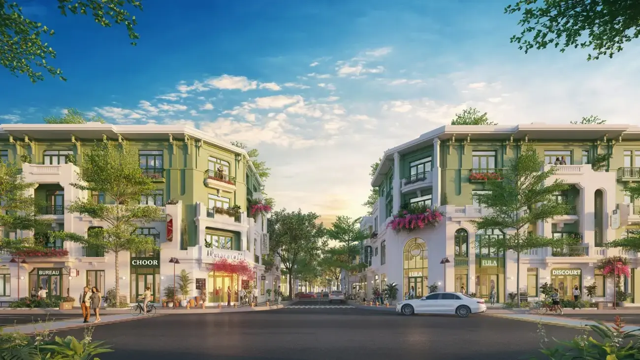 Dãy nhà phố Flora Avenue với kiến trúc Indochine, tích hợp nhiều tiện ích và không gian xanh. Ảnh: Sun Property