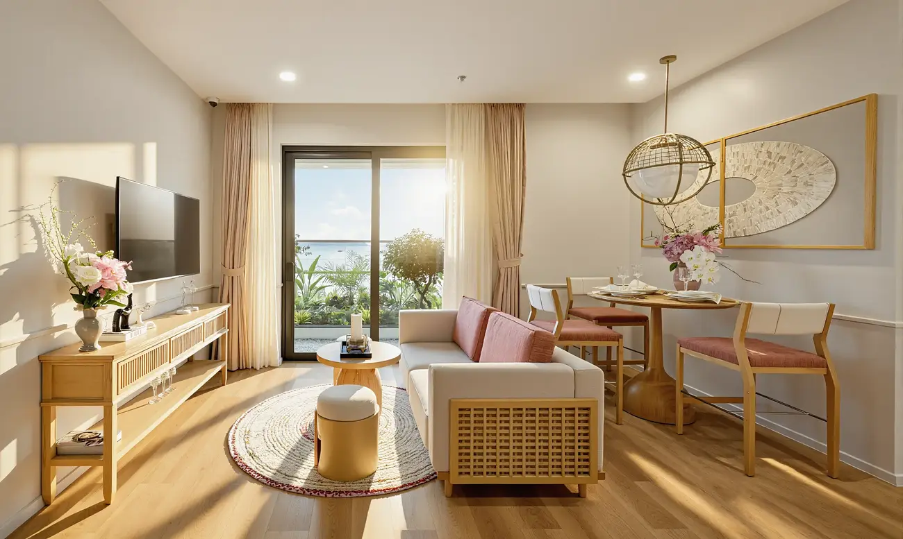 Không gian phòng khách và bàn ăn tại căn hộ mẫu Sun Centro Town. Ảnh: Ánh Dương