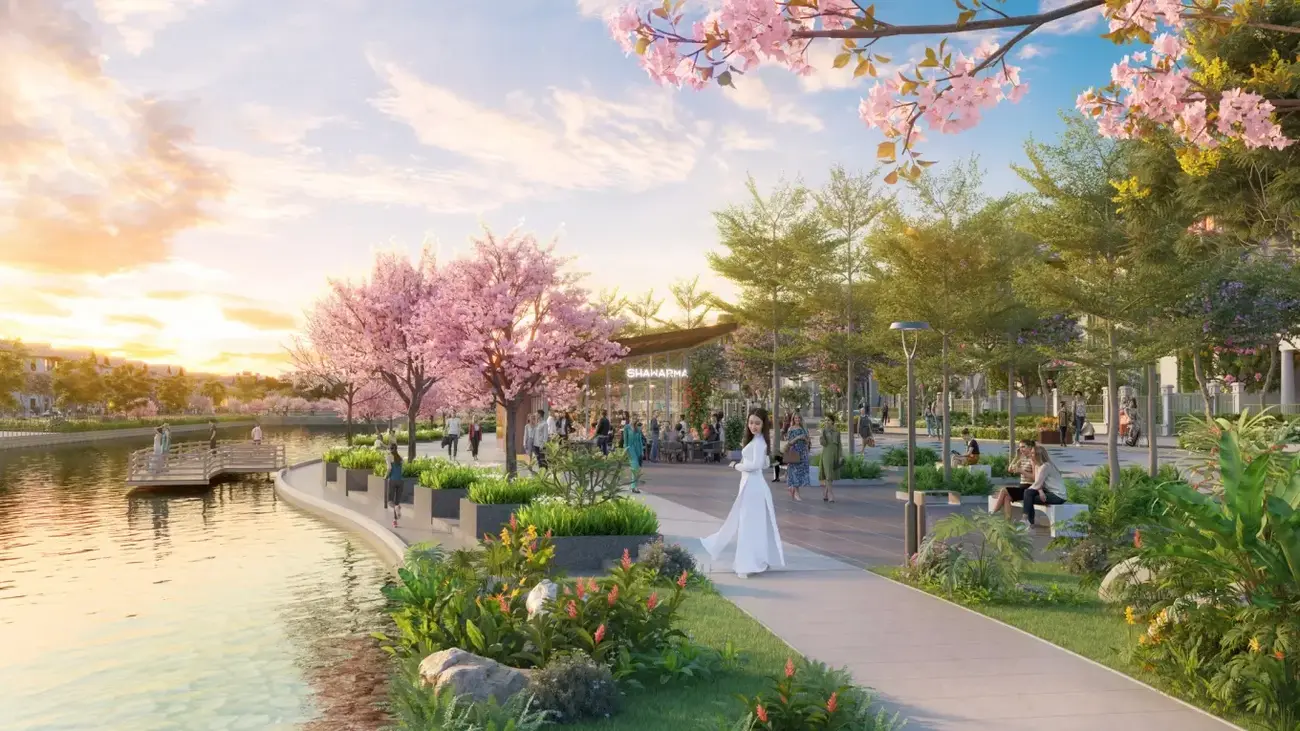Không gian tản bộ xanh mát với hoa anh đào ven kênh thu hút cư dân Flora Avenue. Ảnh: Sun Property