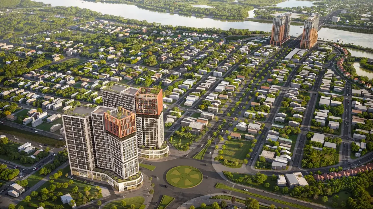 Phối cảnh Cora Tower tại trung tâm Sun NeO City, nơi giao thoa giữa hai tuyến đường huyết mạch. (Ảnh: Sun Property)