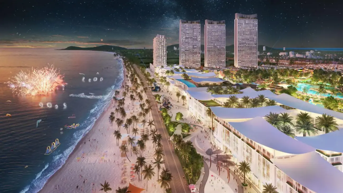 Phối cảnh dự án Blanca City về đêm, tích hợp các tiện ích nghỉ dưỡng, giải trí đa dạng. Ảnh: Sun Group