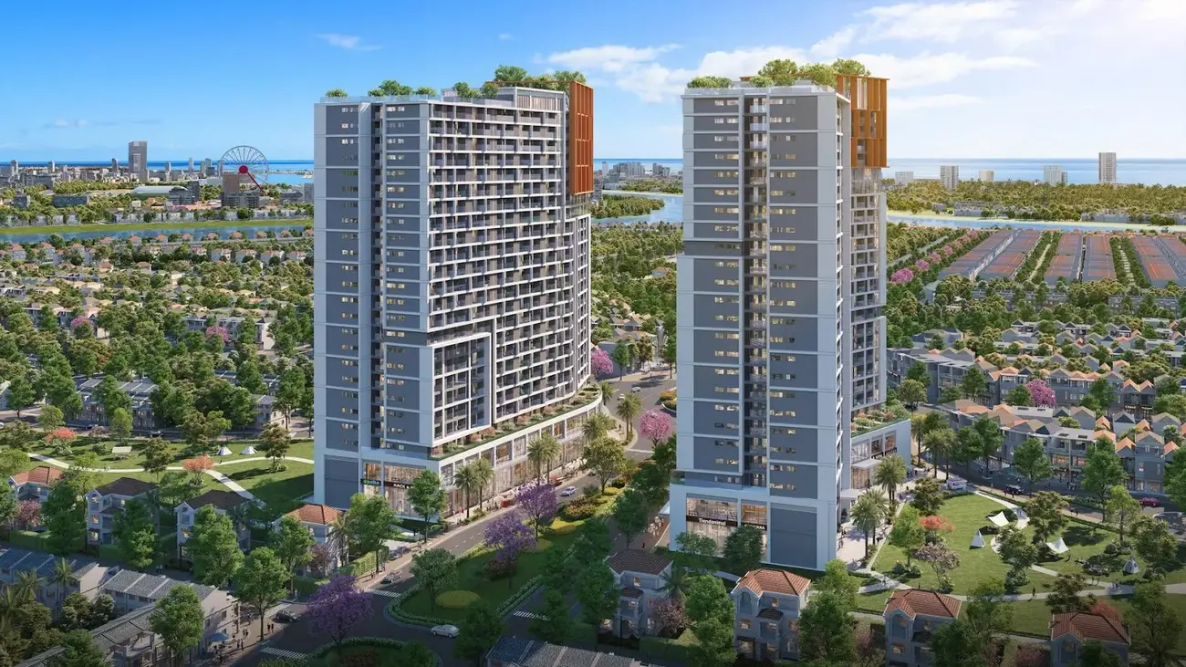 Phối cảnh tổ hợp căn hộ Cora Tower tại trung tâm Sun NeO City, mang đến không gian sống hiện đại và tiện nghi. (Ảnh: Sun Property)